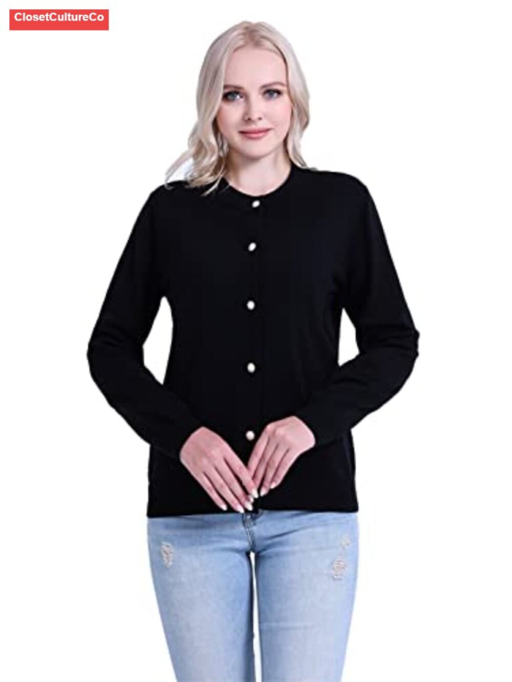 Women Knit Cardigan Sweater Pearl Button Crewneck Medium Weight